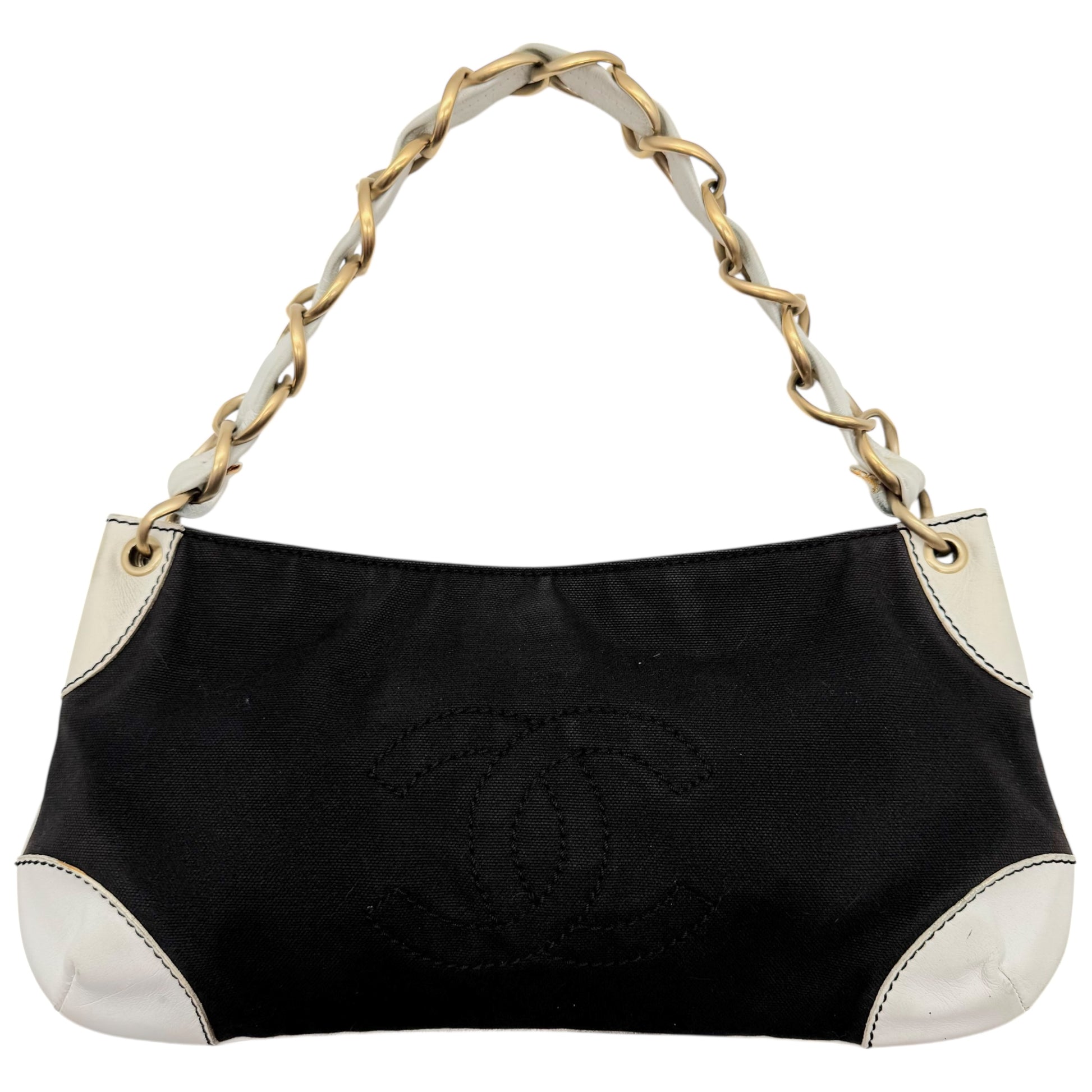 Chanel Black Canvas & White Leather CC Logo Shoulder Bag 2003-04 - Outfit Repeater