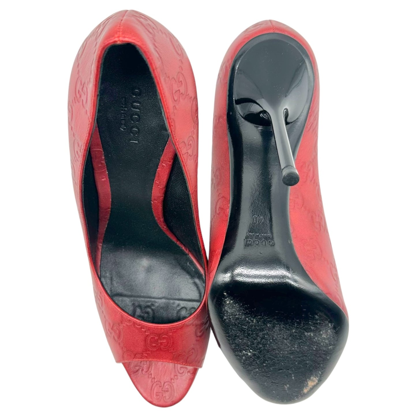 Gucci Red Guccissima Embossed Monogram Peep Toe Pumps