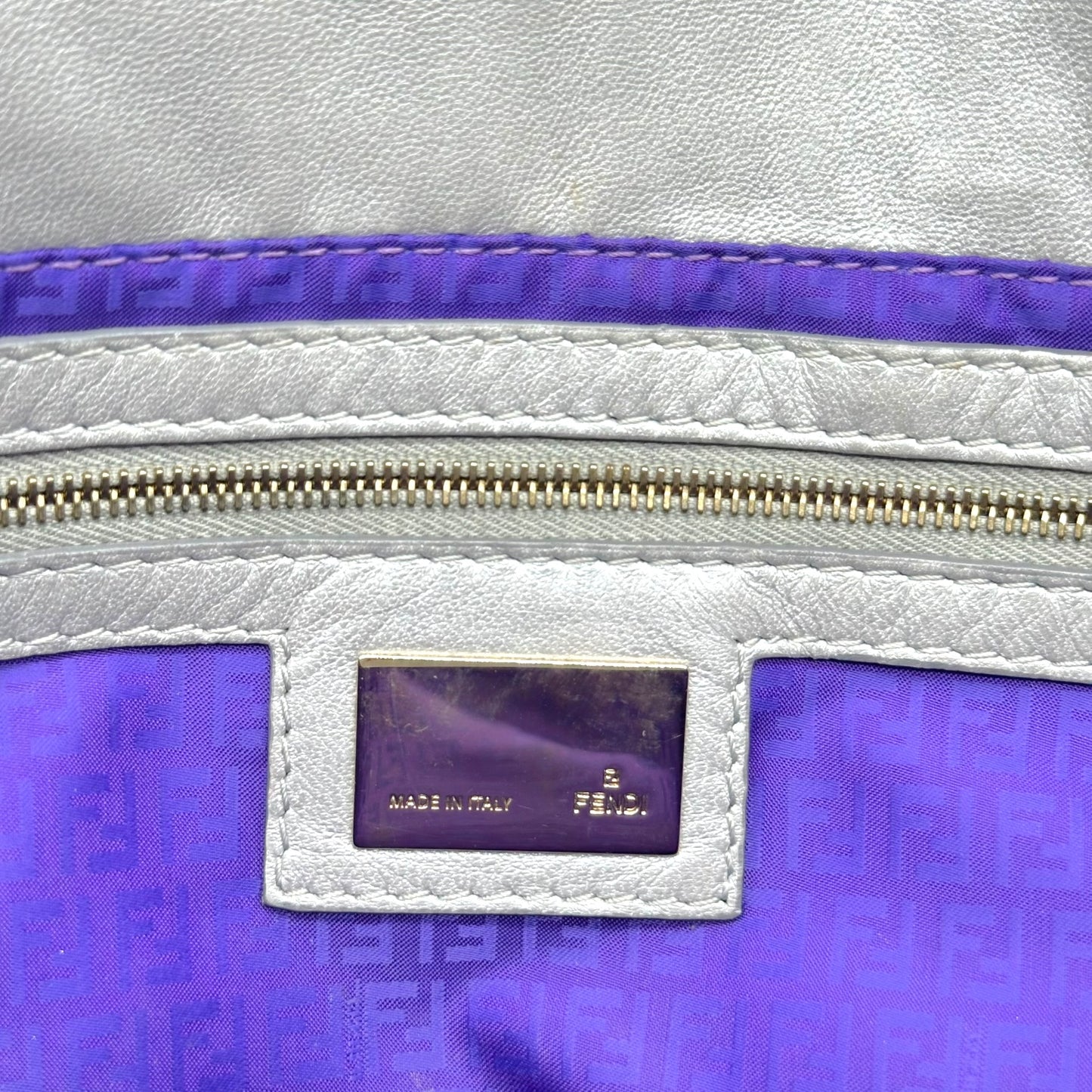 Fendi Silver Logo Embossed & Gold Hardware Baguette Bag