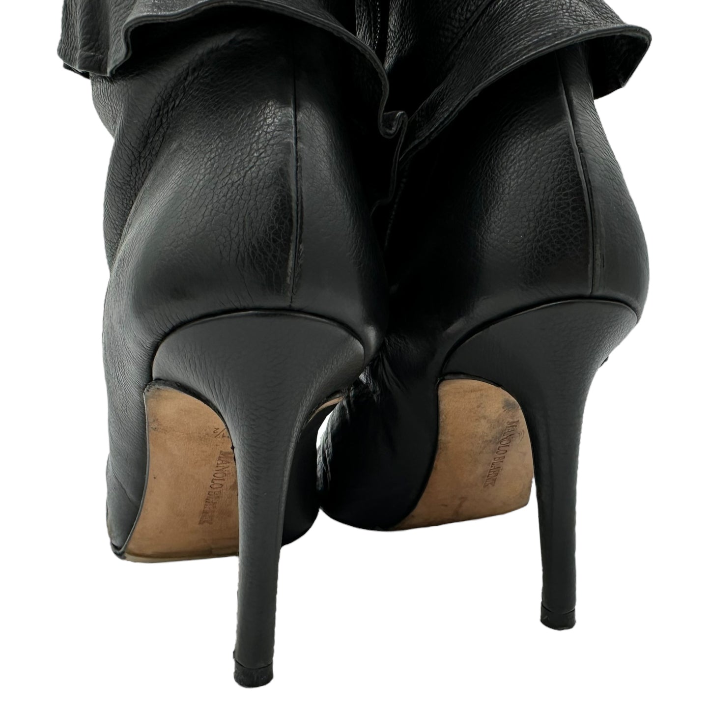 Manolo Blahnik Ruffle Black Leather Pointed Toe Boots - Outfit Repeater