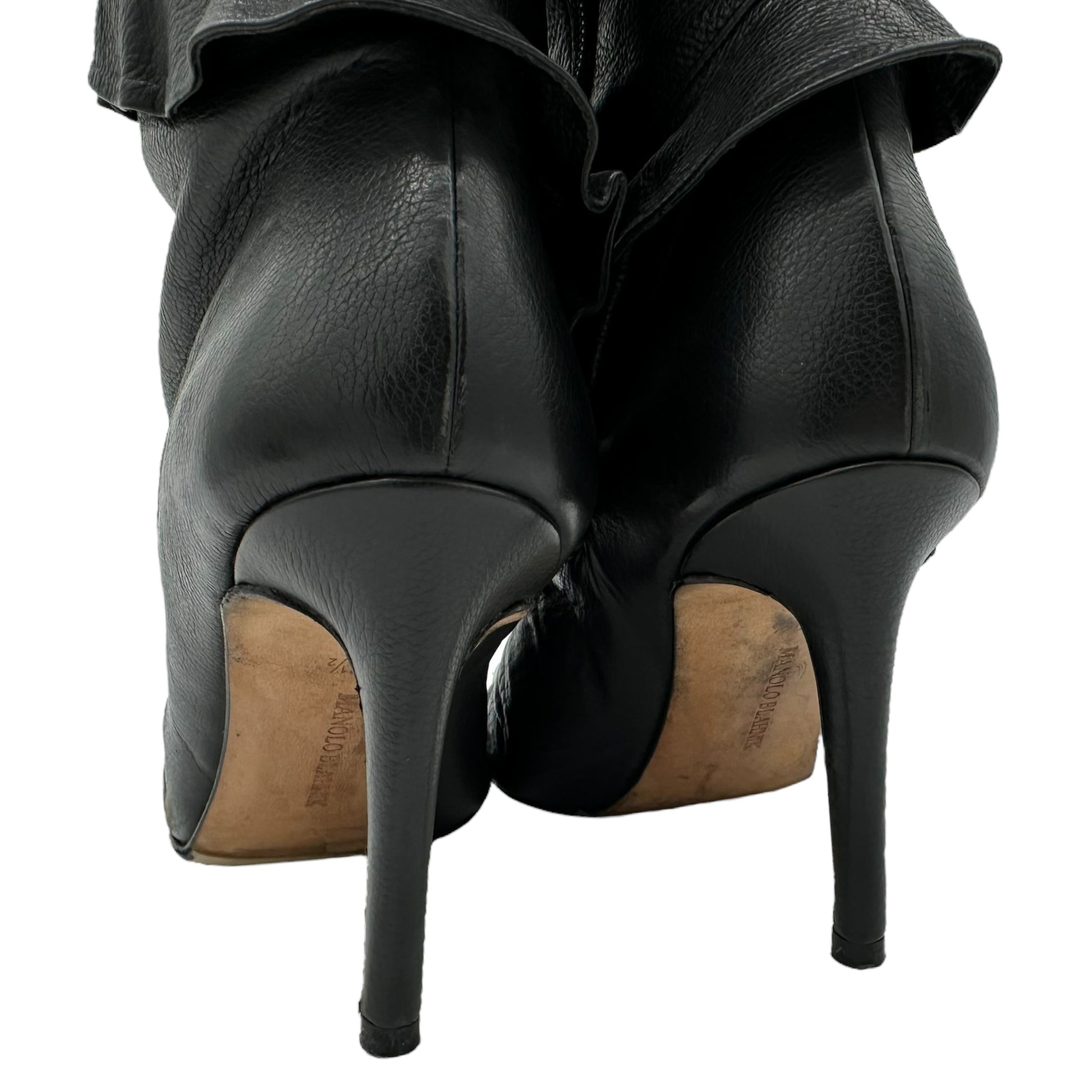 Manolo Blahnik Ruffle Black Leather Pointed Toe Boots - Outfit Repeater