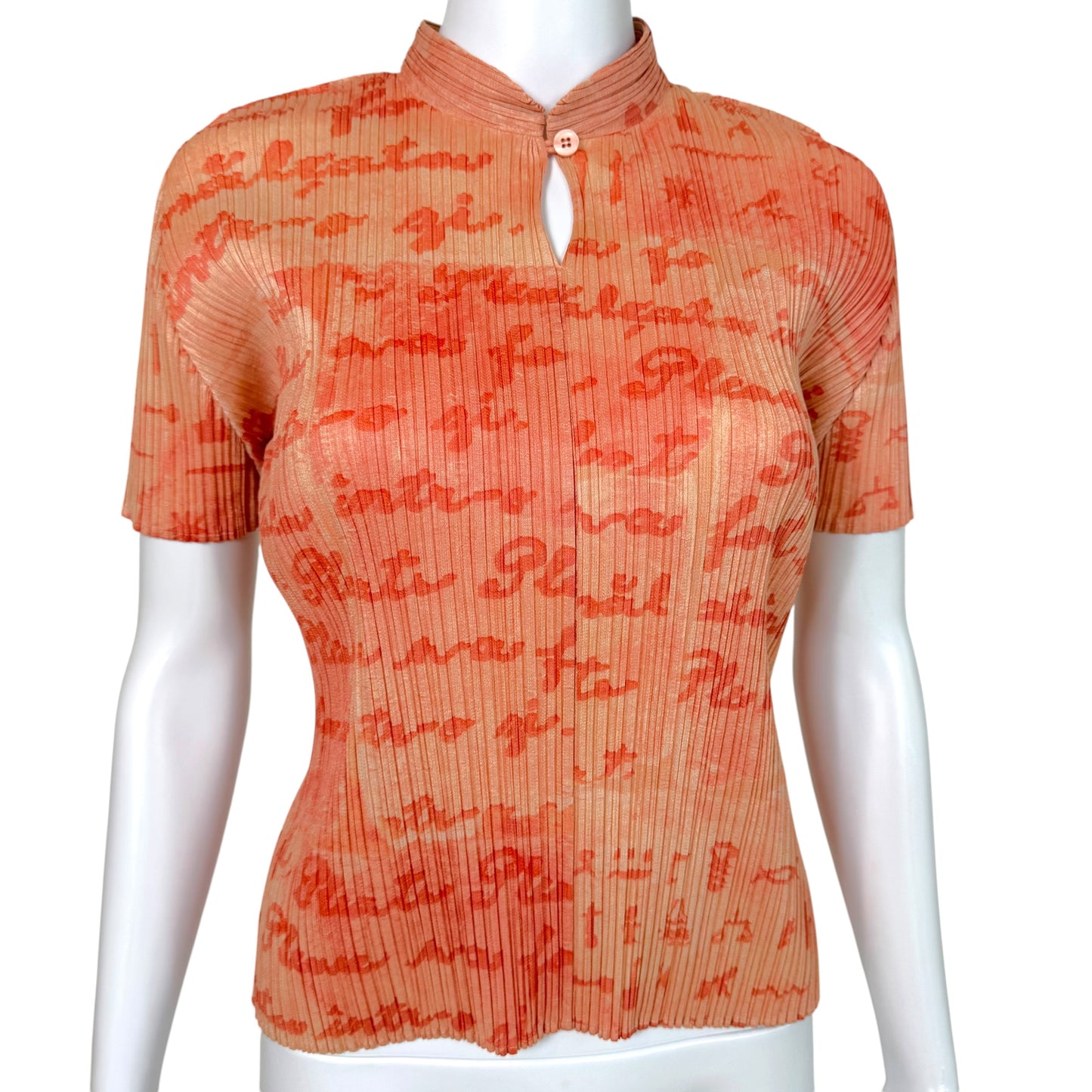 Issey Miyake Pleats Please Coral Pink Cursive Print Pleated Short Sleeve Top Sz 3