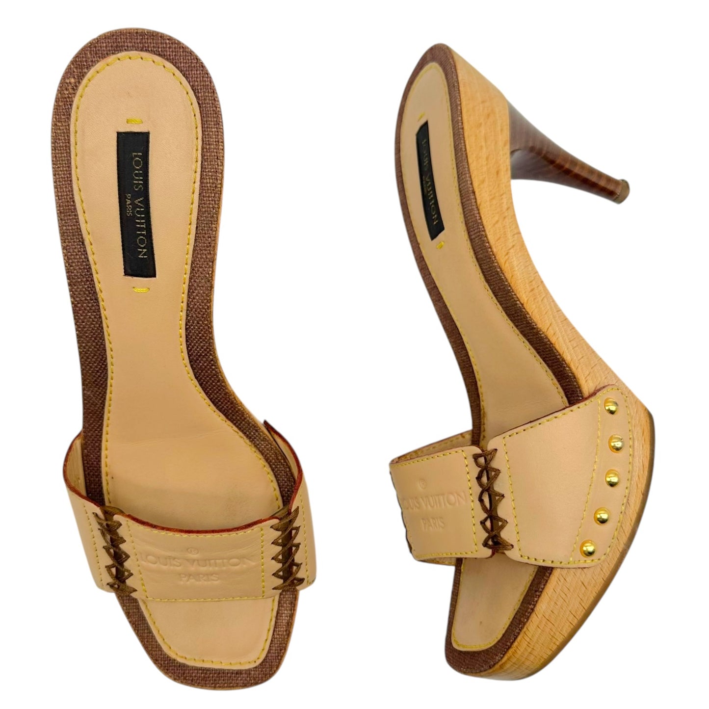 Louis Vuitton Beige Leather Whipstitch Kitten Heel Mules