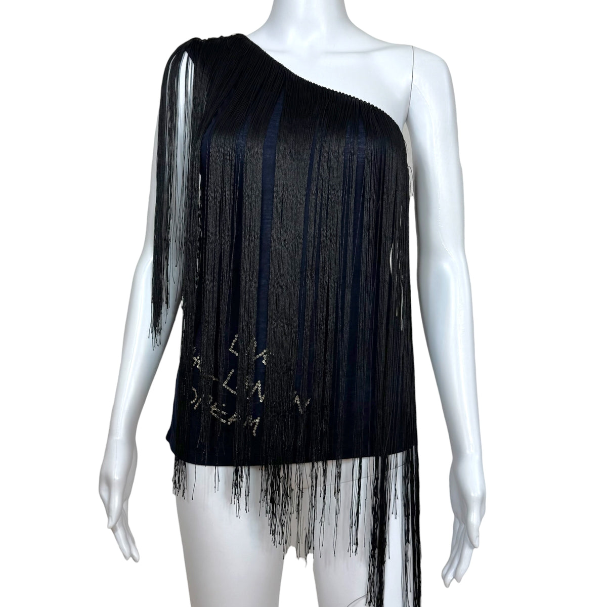 Lanvin One-Shoulder Sequin Tank Navy Blue Black Fringe