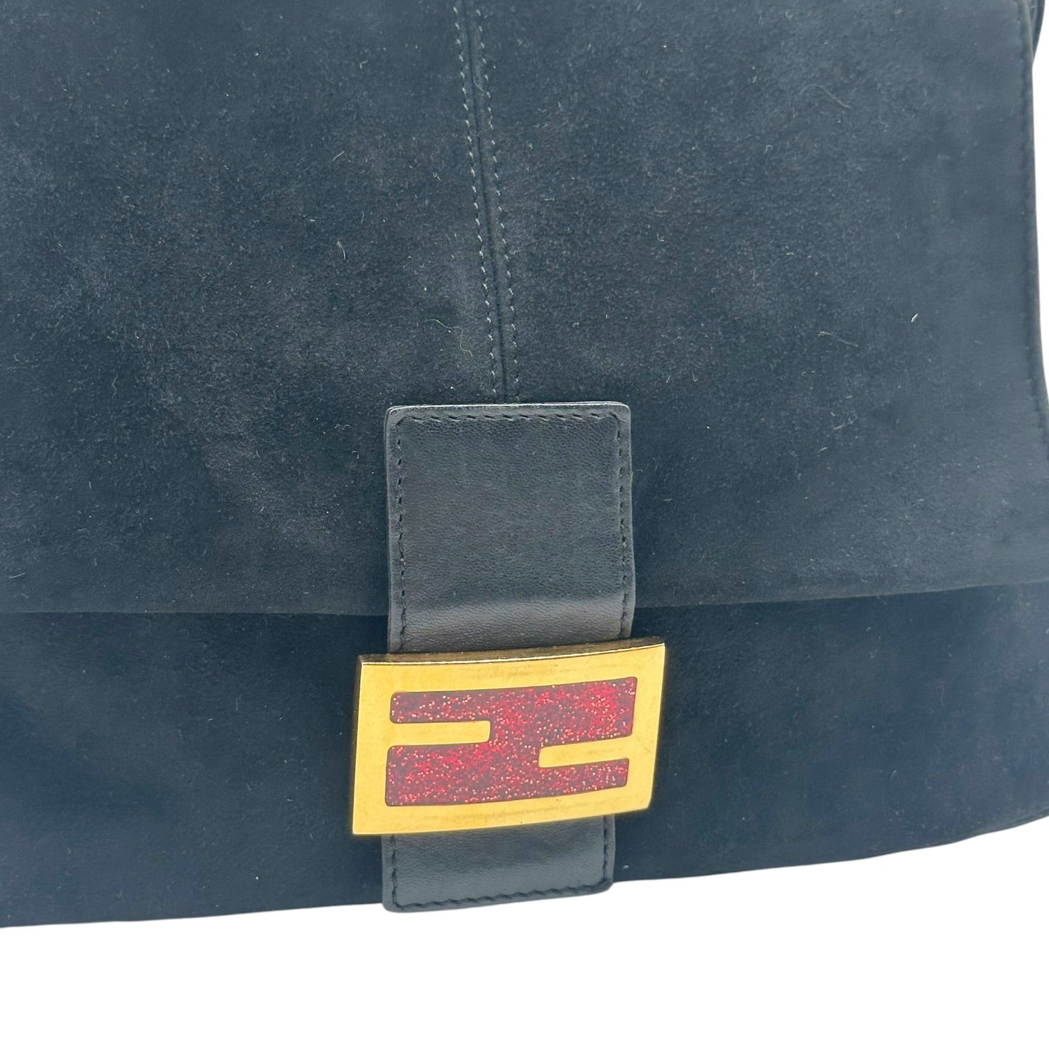 Fendi Black Suede Baguette Bag With Red Glitter Buckle