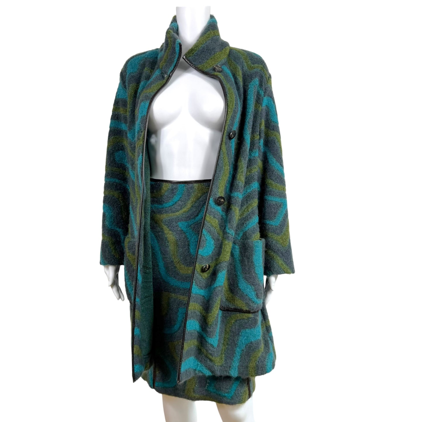 Missoni Blue & Green Mohair & Leather Coat & Midi Skirt Set