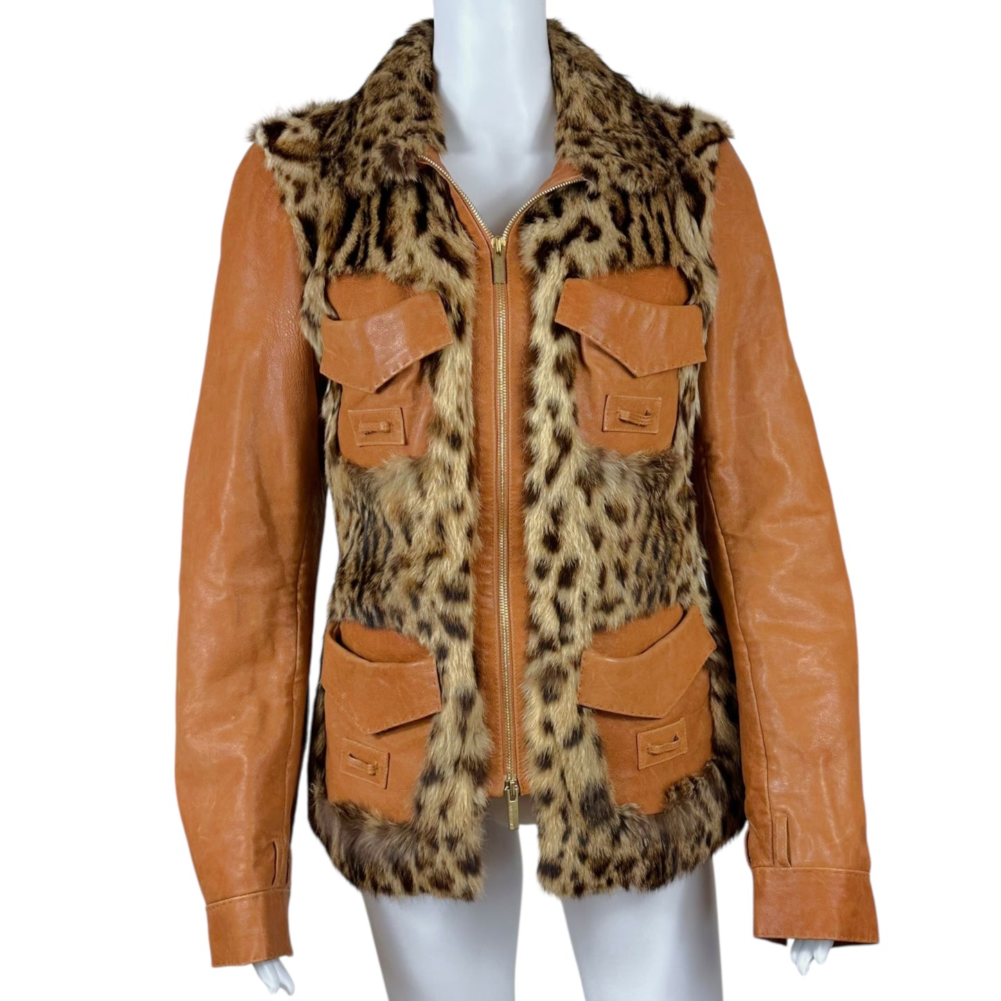 Roberto Cavalli Leopard Print Fur & Tan Leather Jacket
