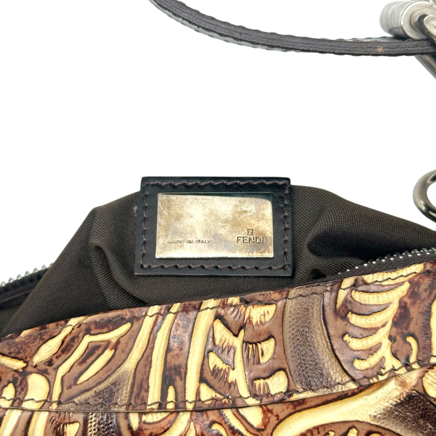 Fendi Medium Oyster Shoulder Bag Brown Floral Embossed Leather
