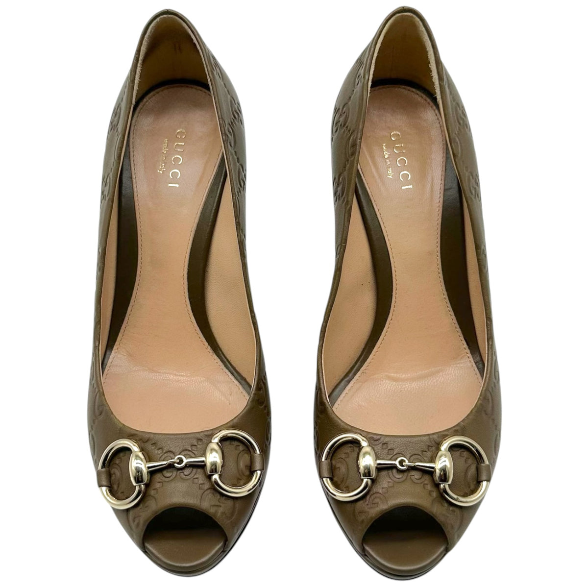 Gucci Brown Guccissima Embossed Monogram Horsebit Peep-Toe Pumps