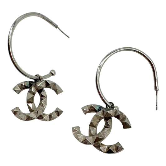 Chanel Silver Pyramid Stud CC Logo Hoop Earrings