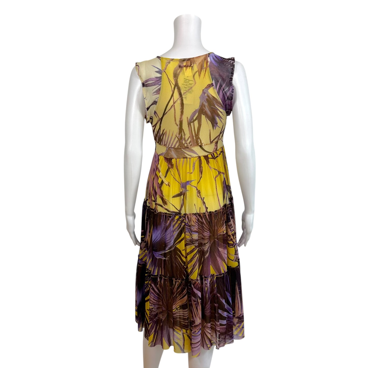 Jean Paul Gaultier Soleil Purple & Yellow Palm Printed Tiered Mesh Midi Dress