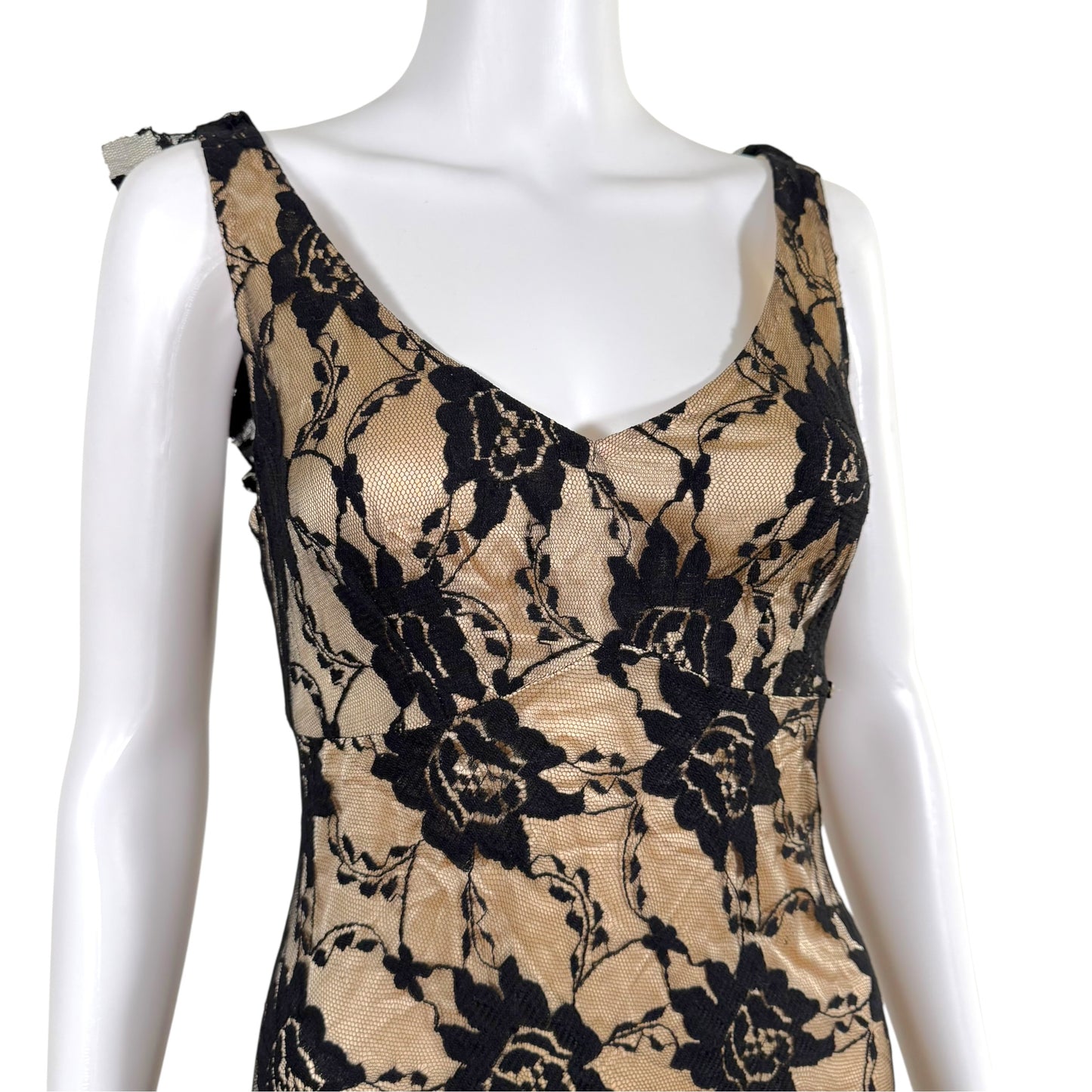 Galliano Black Lace Gown Dress Ruffle Trim Sleeveless