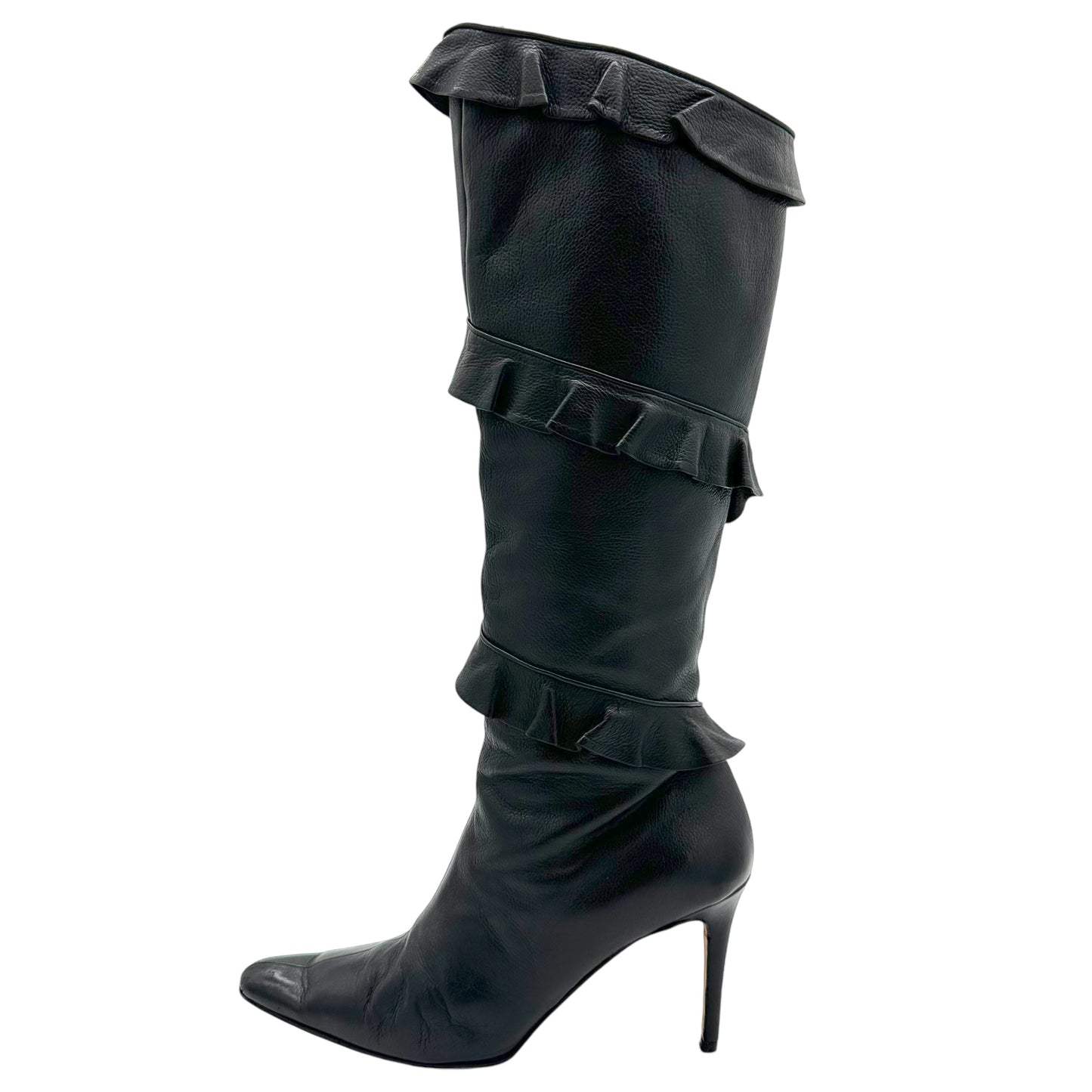 Manolo Blahnik Ruffle Black Leather Pointed Toe Boots - Outfit Repeater