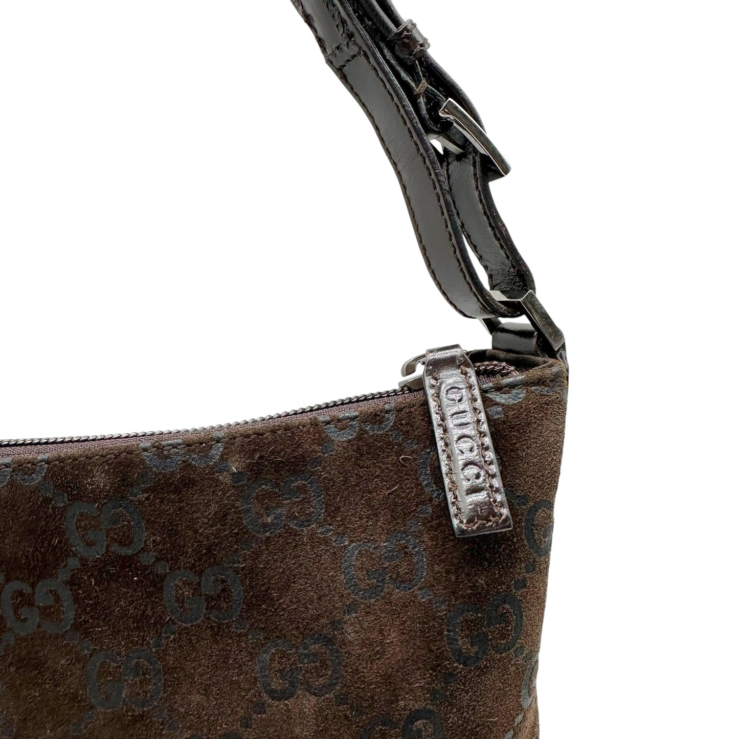 Gucci Brown Suede Monogram Crescent Hobo Bag