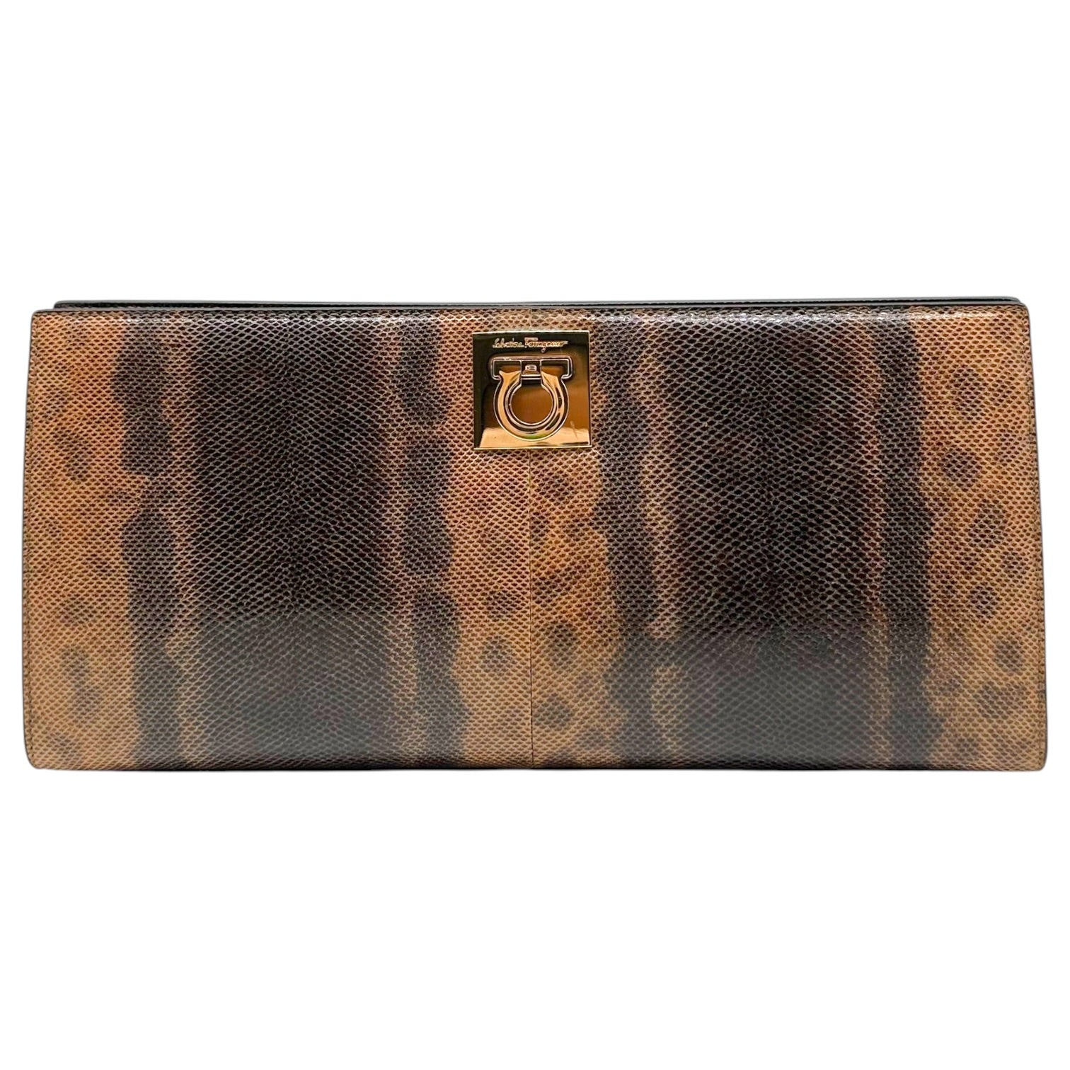 Ferragamo Brown Gold Lizard Skin 2-Way Clutch Bag