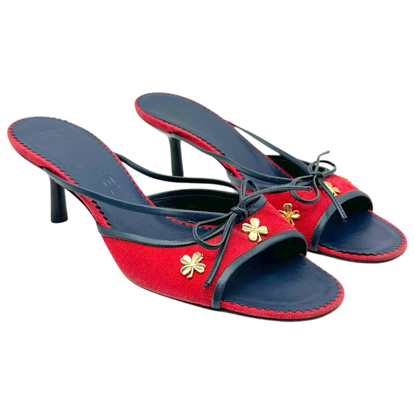 Chanel Red & Navy Kitten Heel Mules w/  Gold Clover Charms