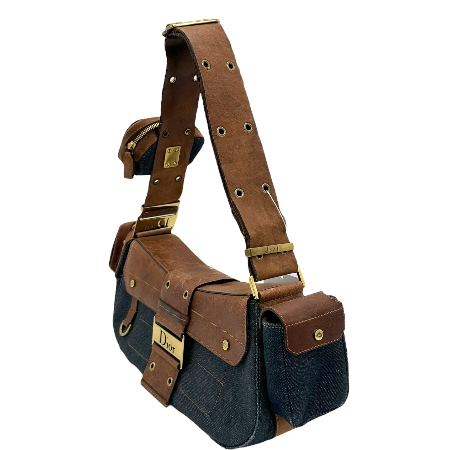 Christian Dior Denim & Brown Leather Columbus Shoulder Bag