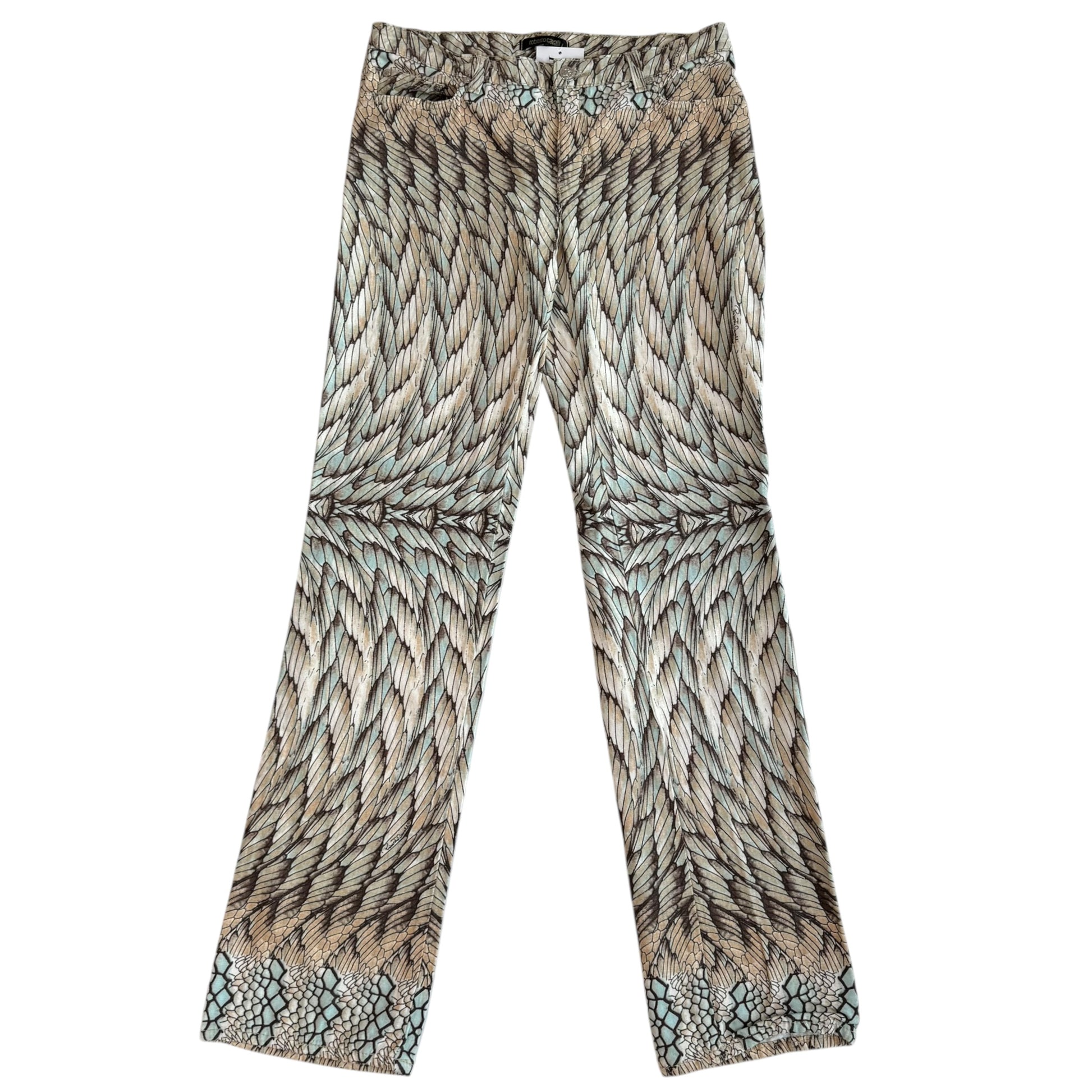 Roberto Cavalli Brown Blue Feather Print Jeans