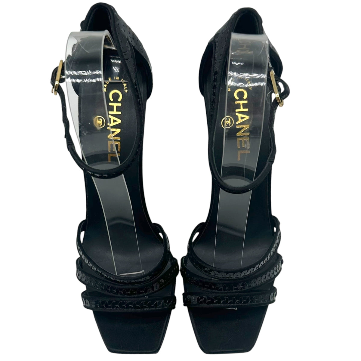 Chanel Black Strappy Sequin Platform Heeled Sandals