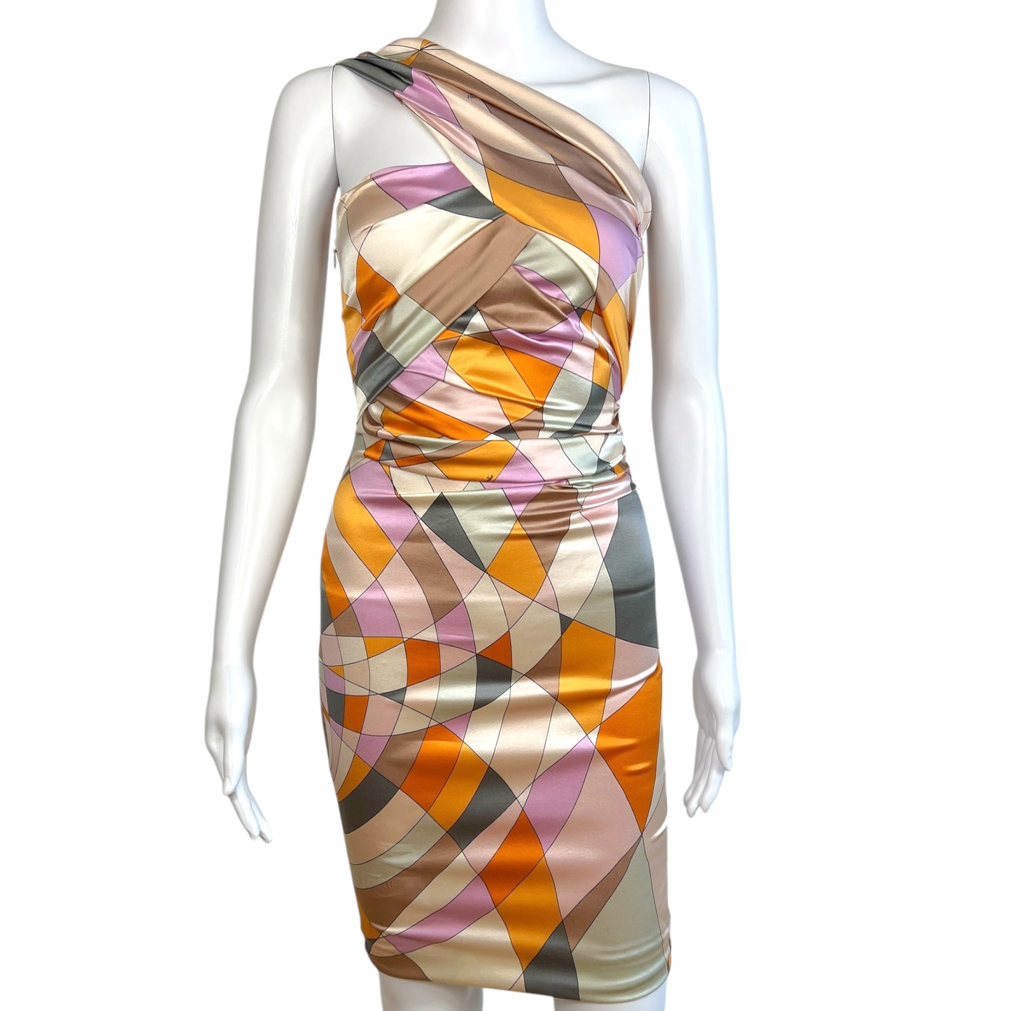 Emilio Pucci Pink & Orange Printed One Shoulder Silk Dress