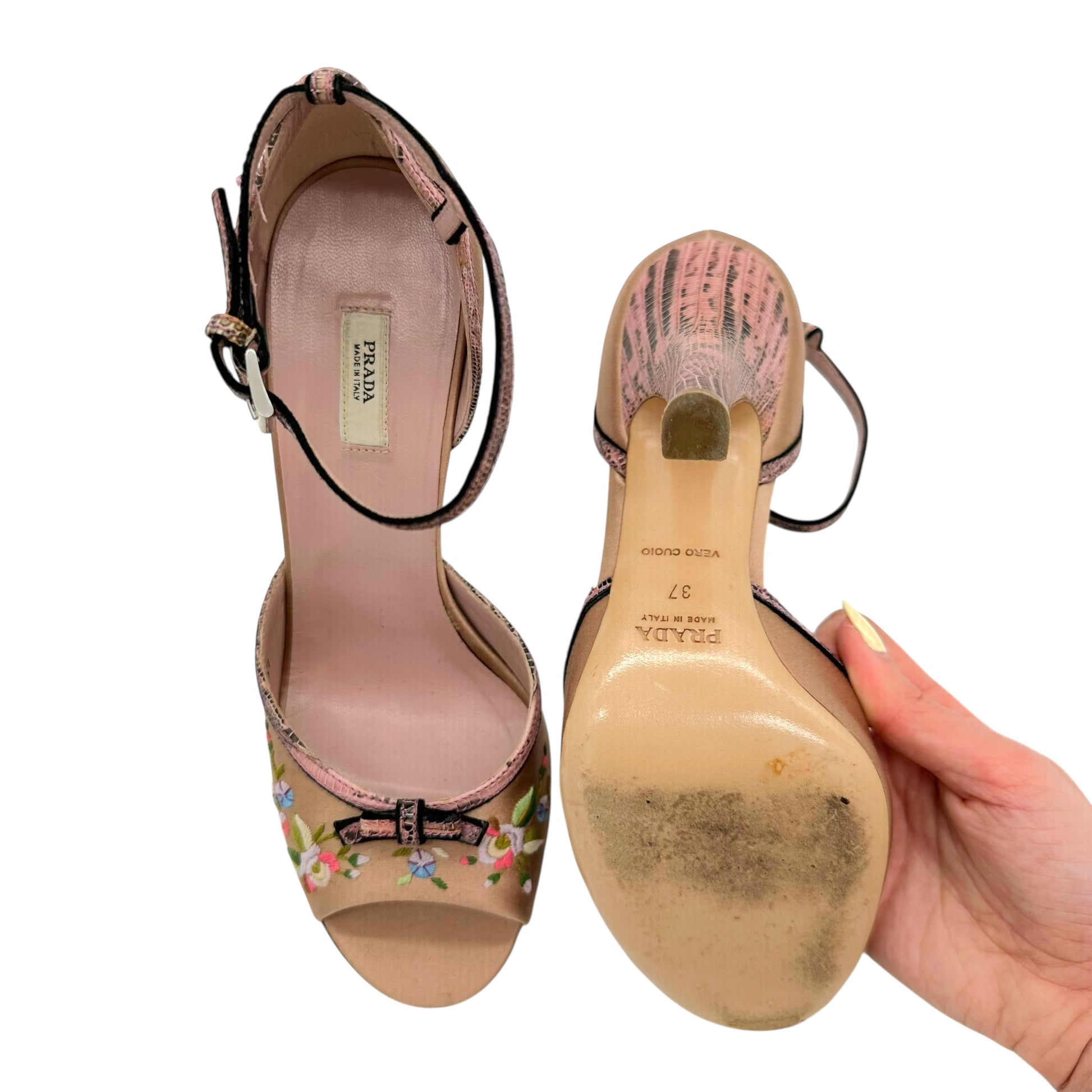 Prada Pink Embroidered Satin & Lizard Heels - Outfit Repeater