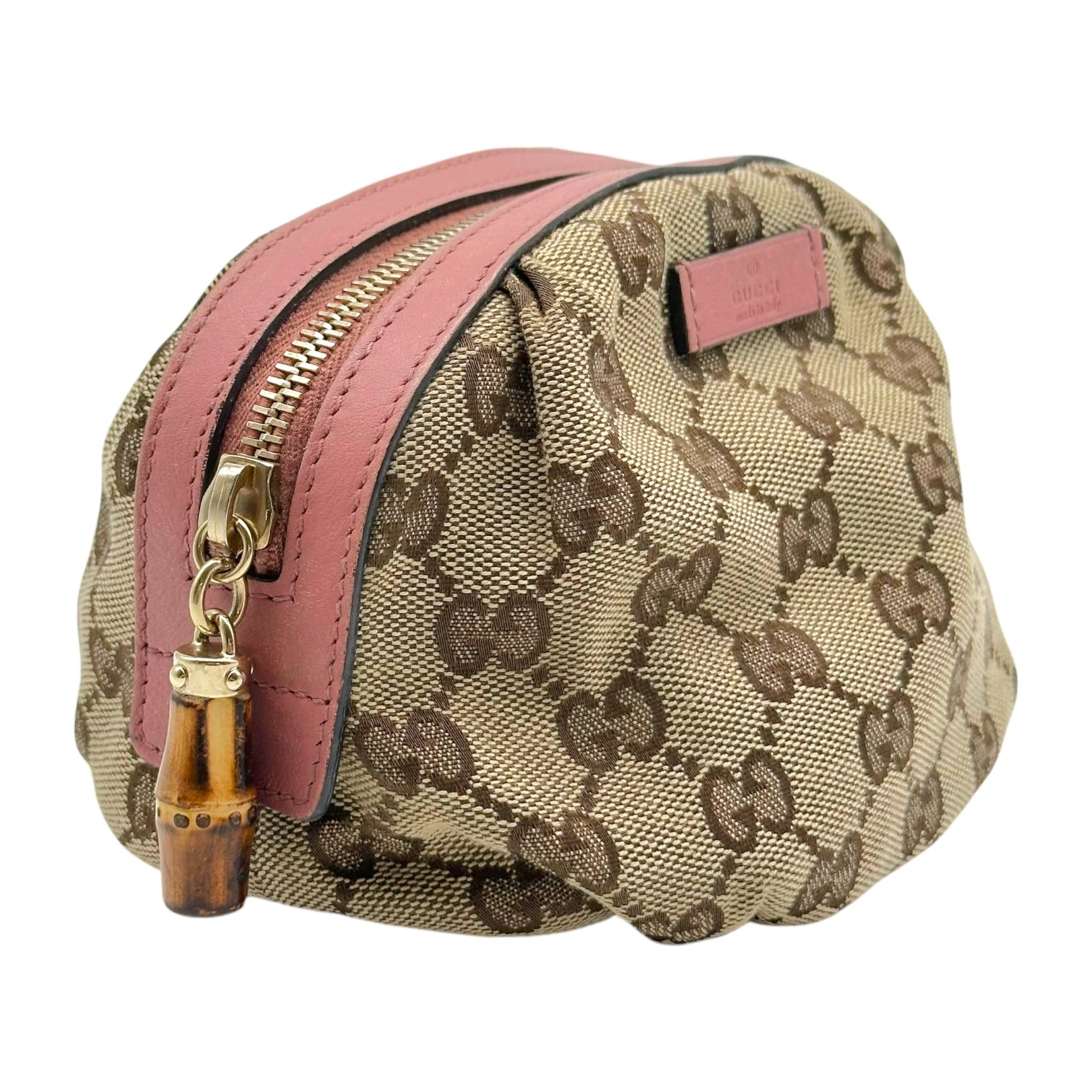 Gucci Pink Tan Monogram Bamboo Zip Cosmetic Pouch
