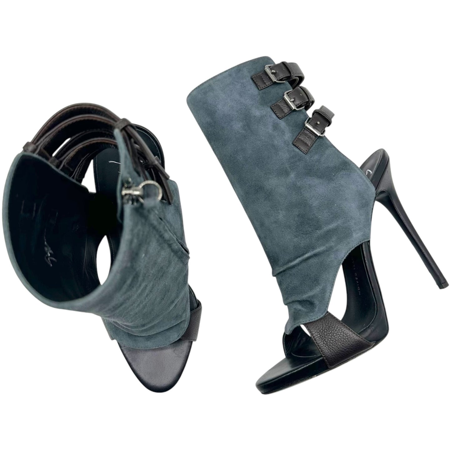 Giuseppe Zanotti Gray Suede & Black Leather Peep-Toe Ankle Bootie Pumps
