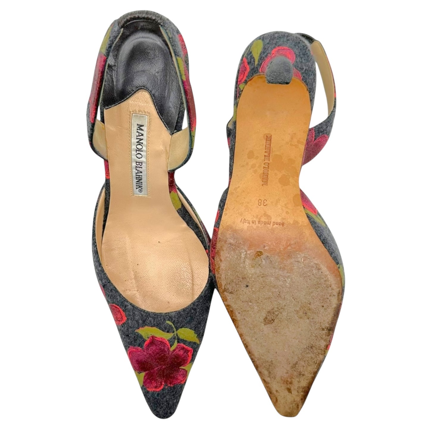 Manolo Blahnik Rose Hand Painted Slingback Heels