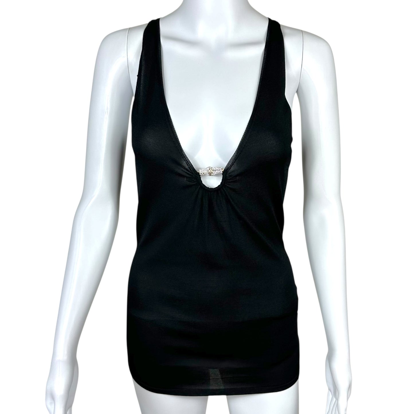 Gucci 2006 Black Knit Tank w/ Crystal Bamboo Charm