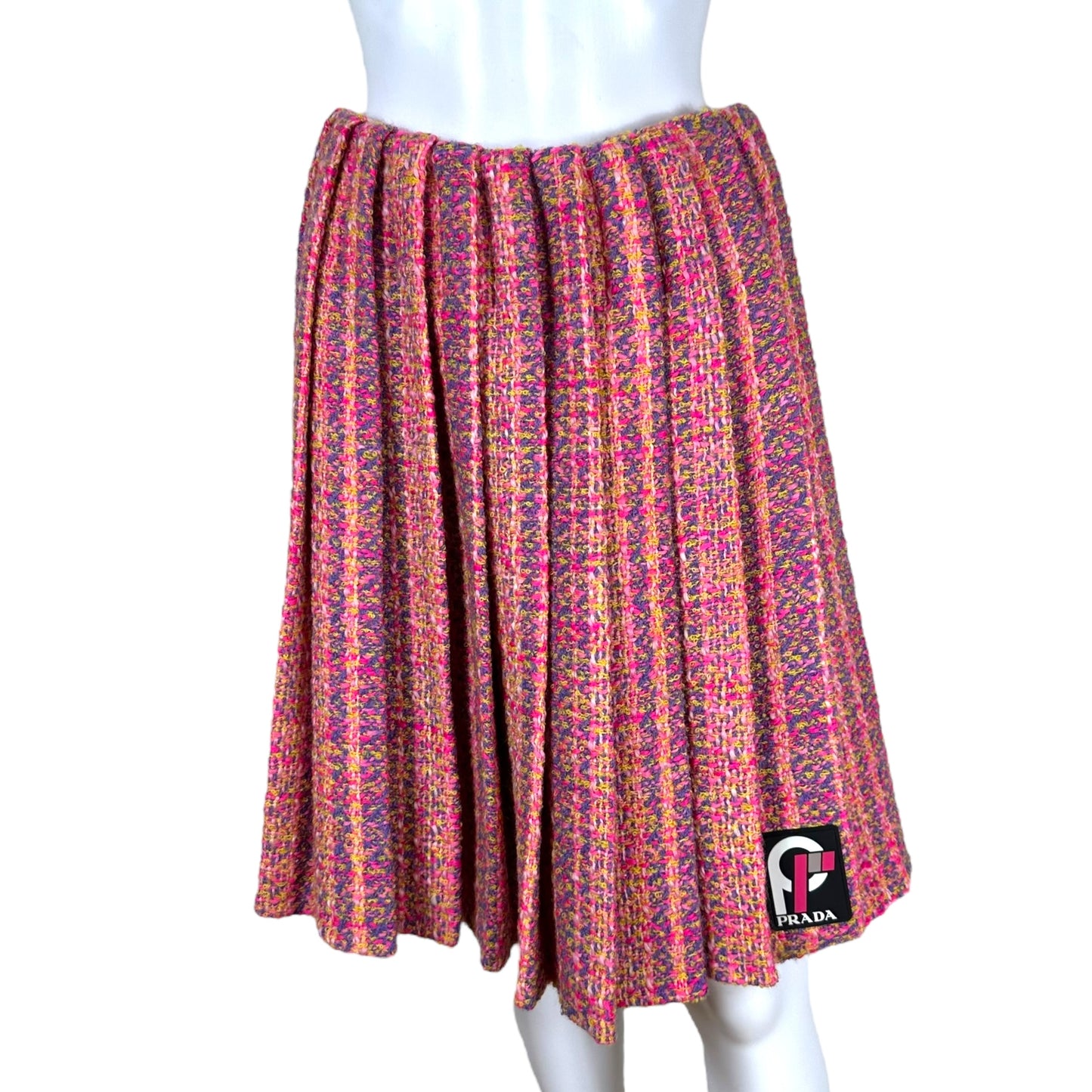 Prada AW18 Pink Tweed Pleated Midi Skirt