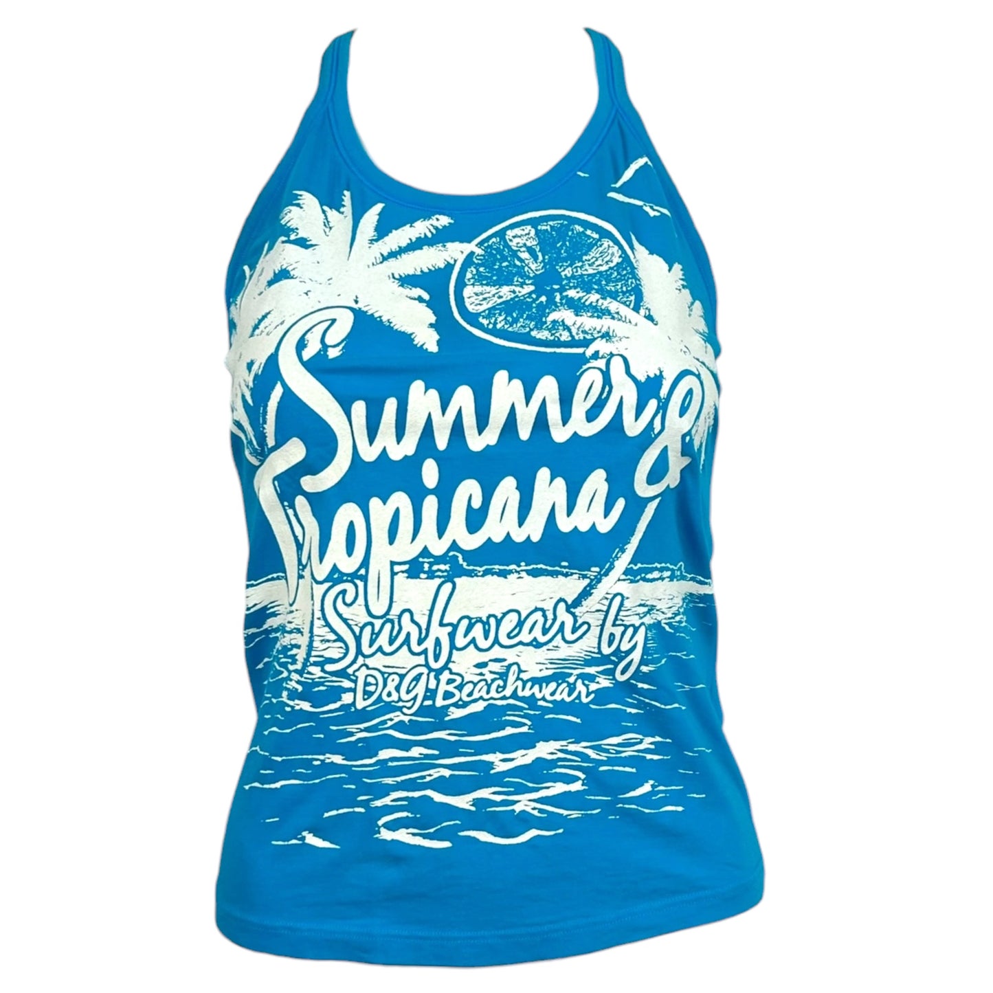 D&G Dolce & Gabbana Beachwear Blue & White Summer Tropicana Graphic Tank