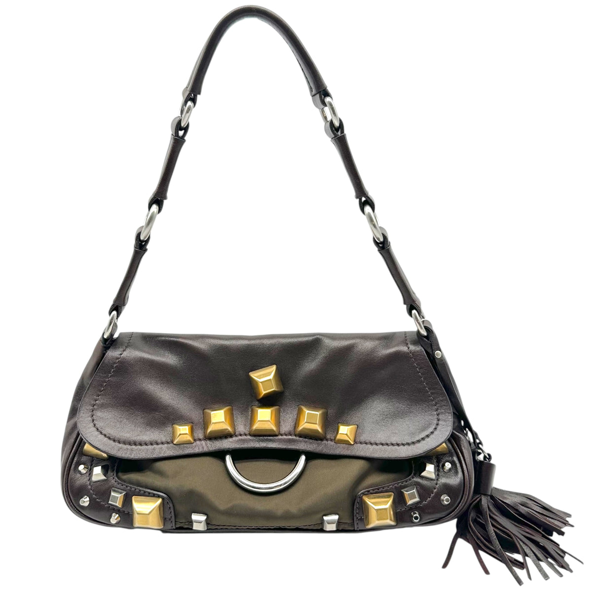 Prada Brown Two Toned Metal Studded Fringe Trim Shoulder Bag