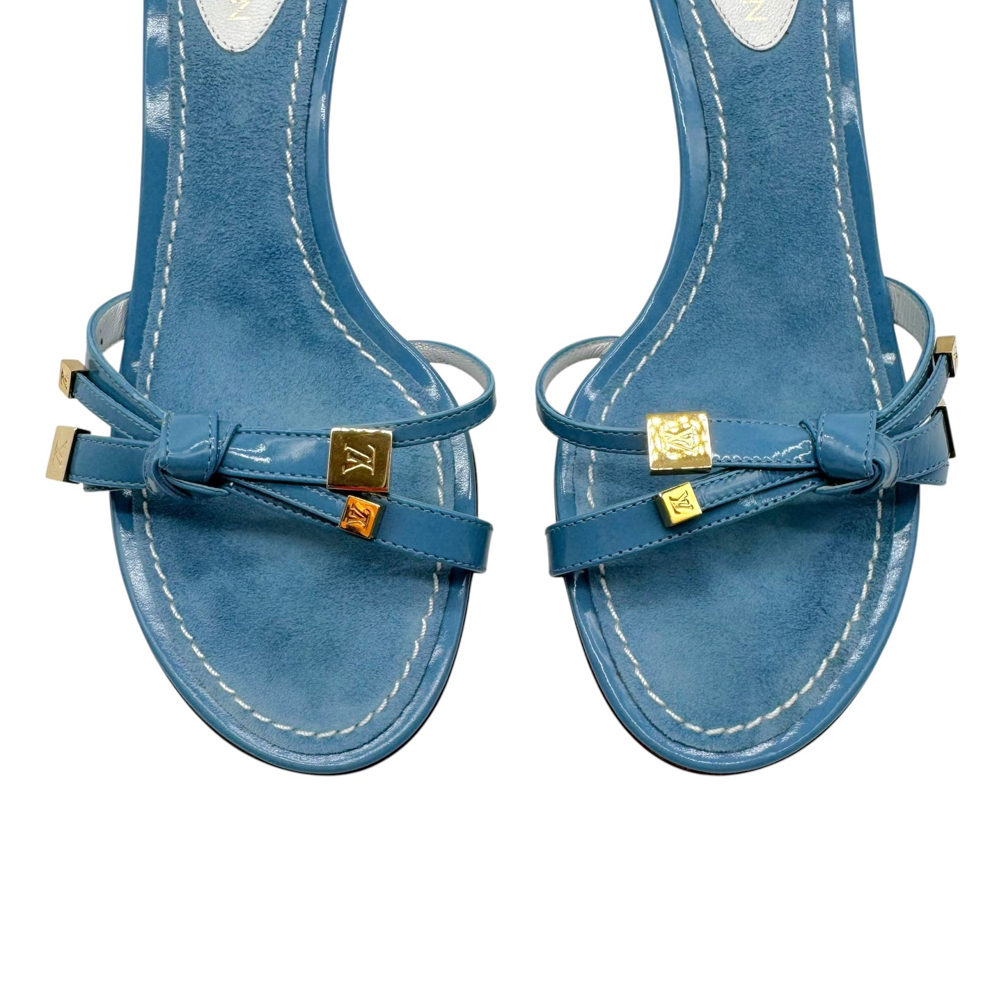 Louis Vuitton Blue Gold Logo Bow Mule Kitten Heels