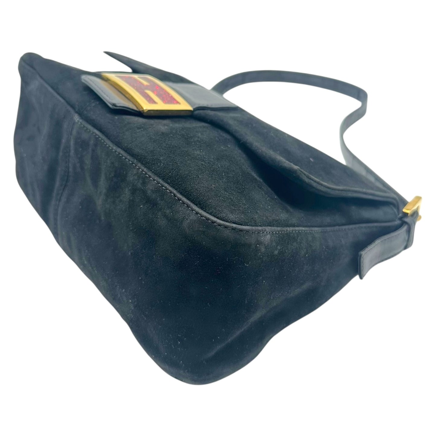 Fendi Black Suede Baguette Bag With Red Glitter Buckle