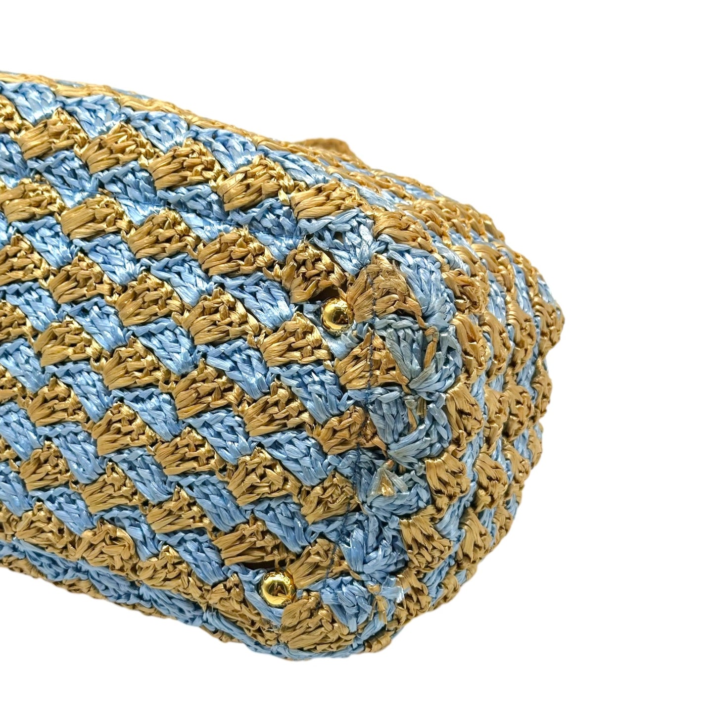 Prada Tan & Light Blue Woven Raffia Canapa Tote Bag