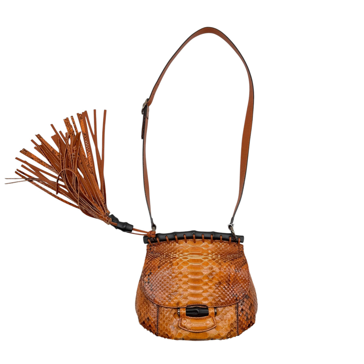 Gucci Orange Python Crossbody Bag With Bamboo Fringe