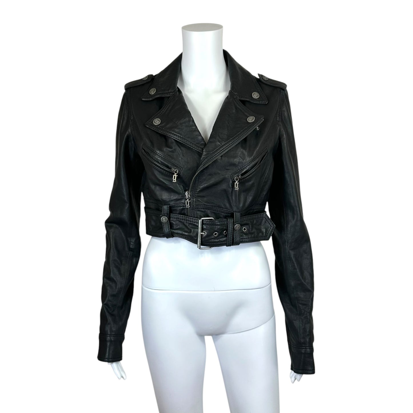 Galliano Black Leather Cropped Moto Jacket