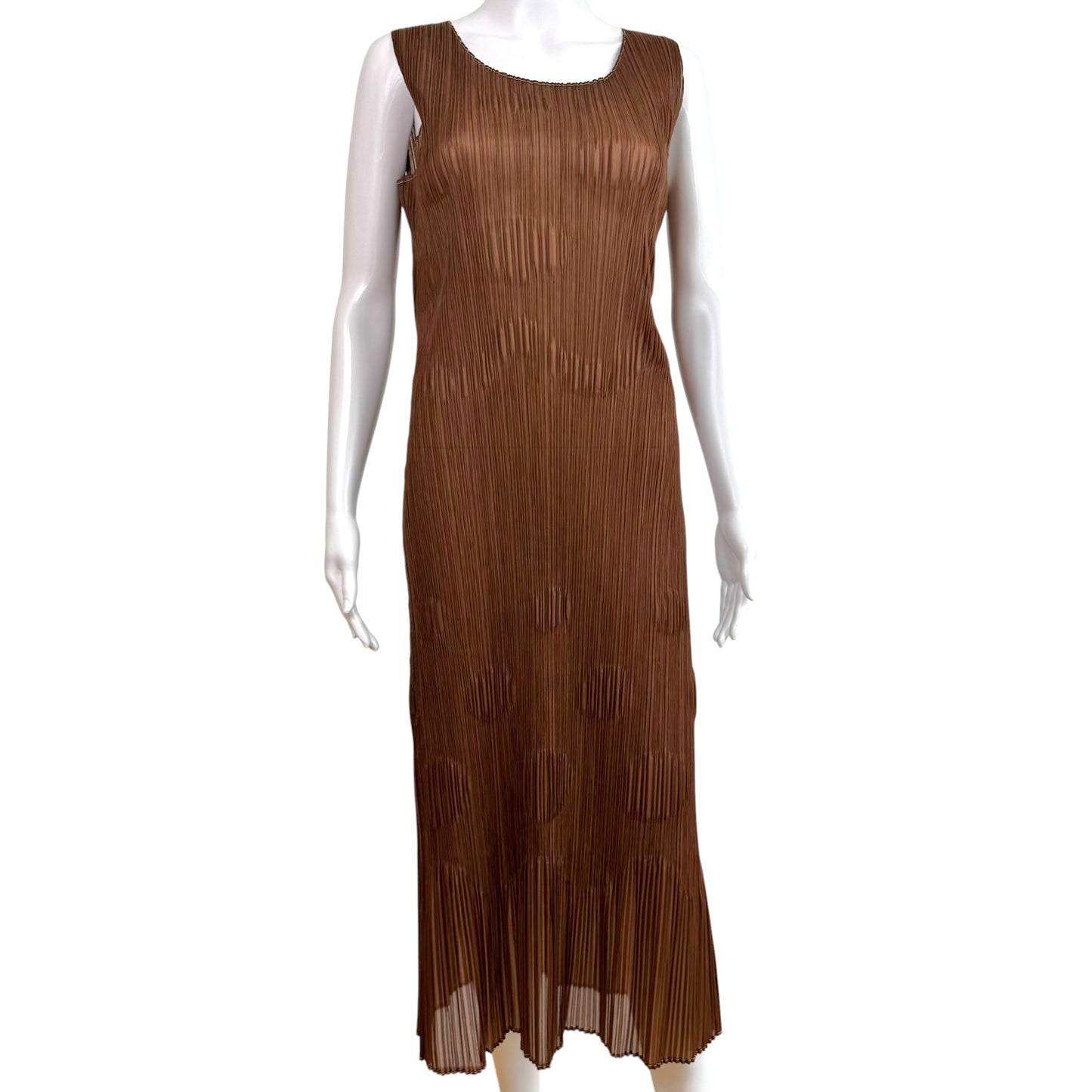 Issey Miyake Pleats Please Brown Circle Embossed Pleated Maxi Dress Sz 4