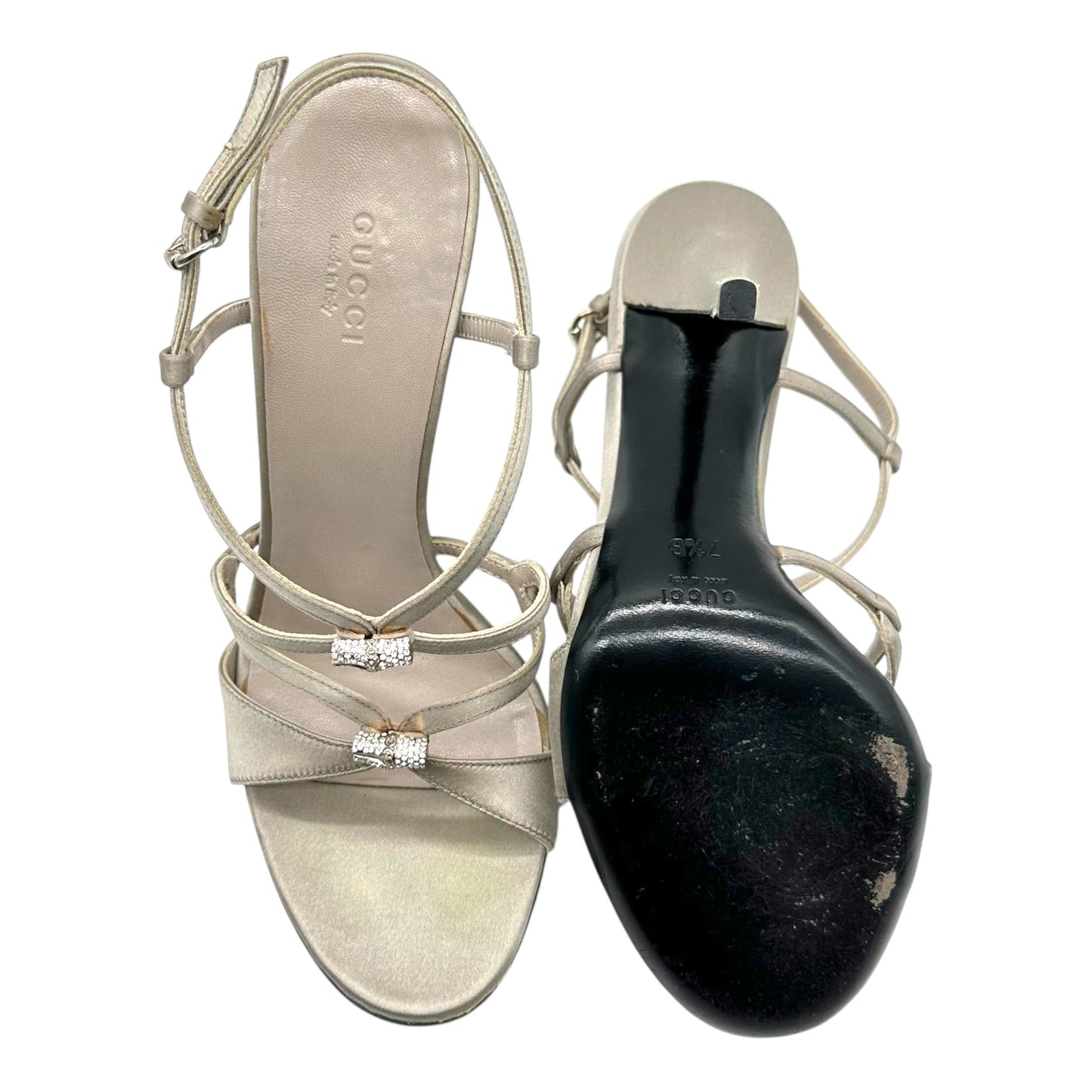 Gucci Silver Satin & Crystal Bamboo Strappy Heels