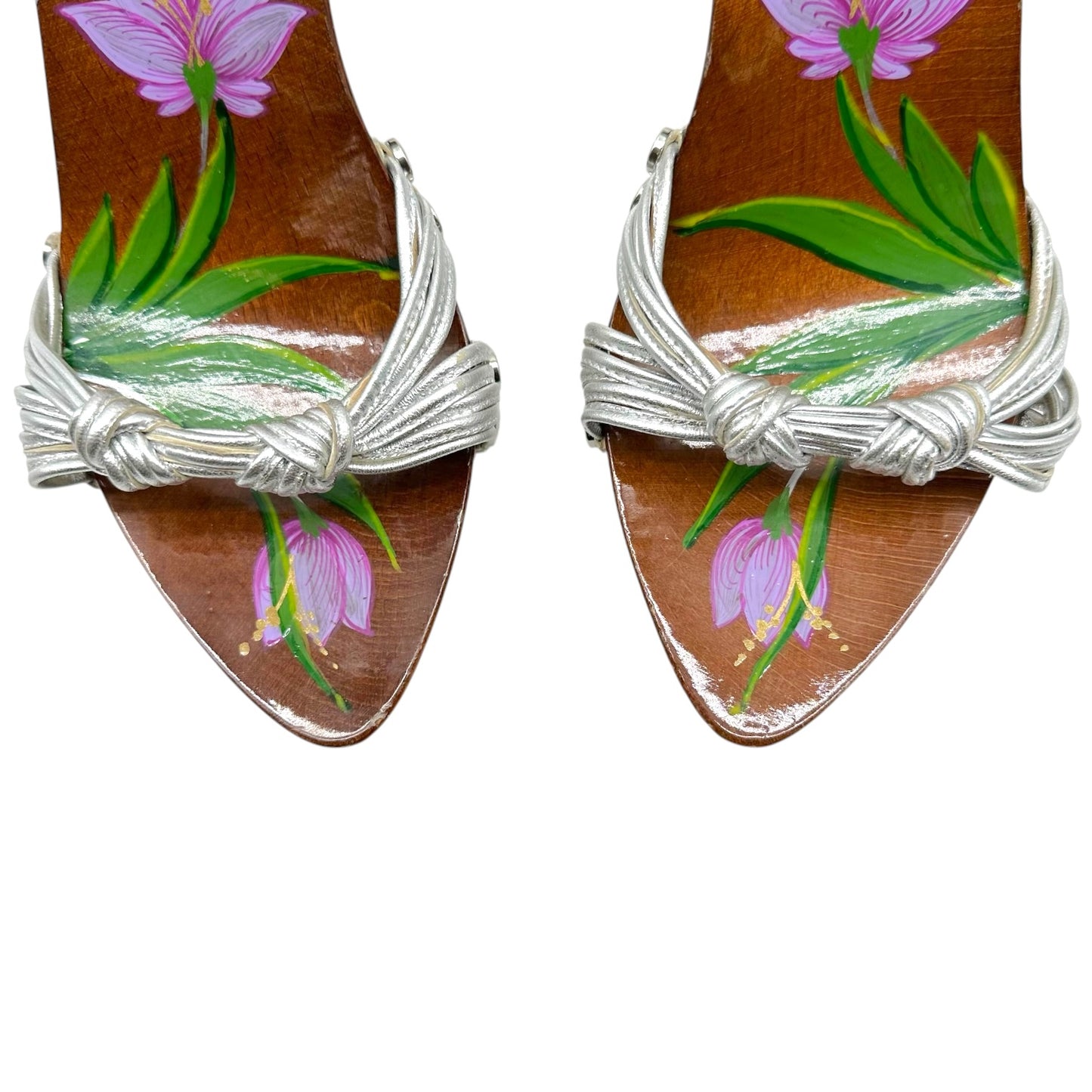 Christian Dior Silver Leather & Hand Painted Wooden Mule Heels