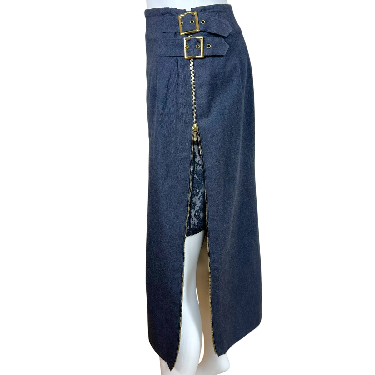Christian Dior Dark Denim Midi Skirt With Gold Buckle
