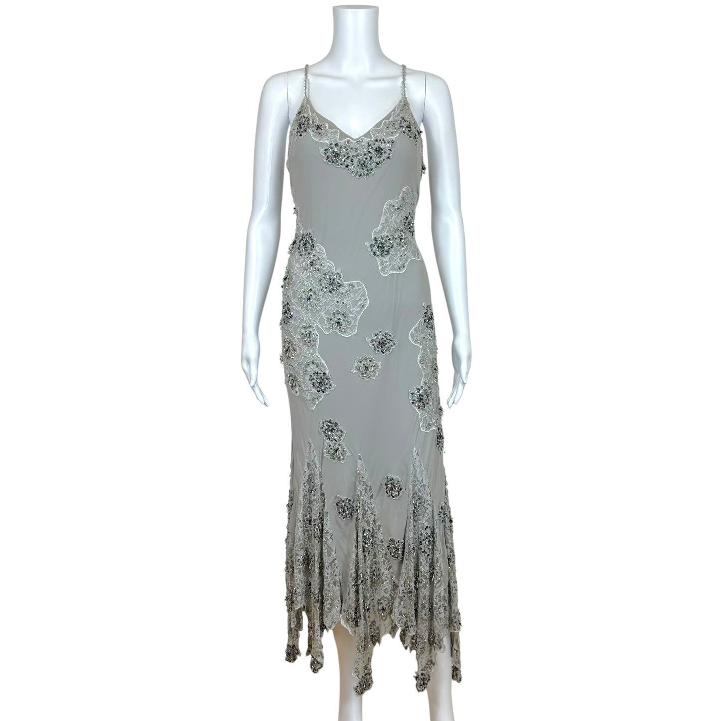 Sue Wong Gray & Silver Beaded Silk & Lace Asymmetrical Hem Midi Dress