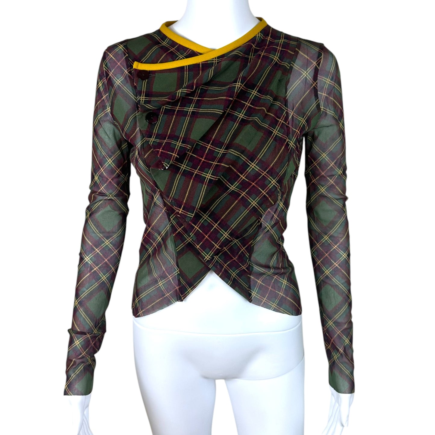 Jean Paul Gaultier Plaid Cross Front Mesh Longsleeve Top