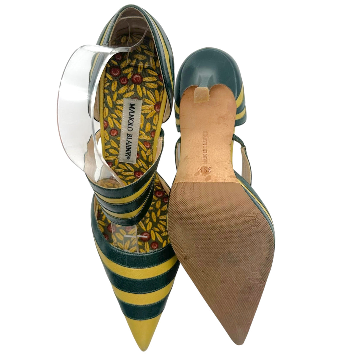 Manolo Blahnik Pointed Toe Pumps Dark Green Yellow Stripes