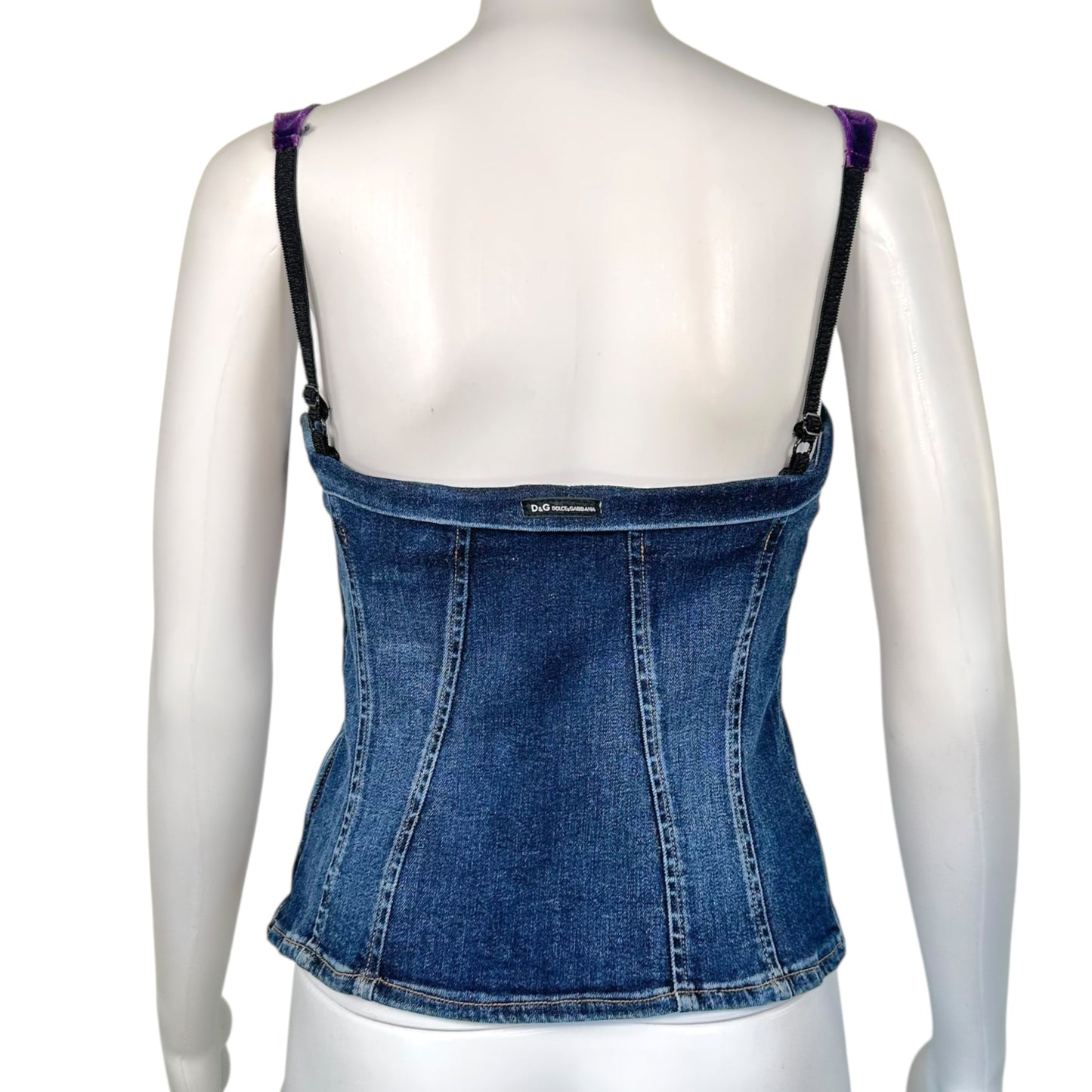 D&G Dolce & Gabbana Dark Wash Denim & Purple Velvet Bow Corset Top