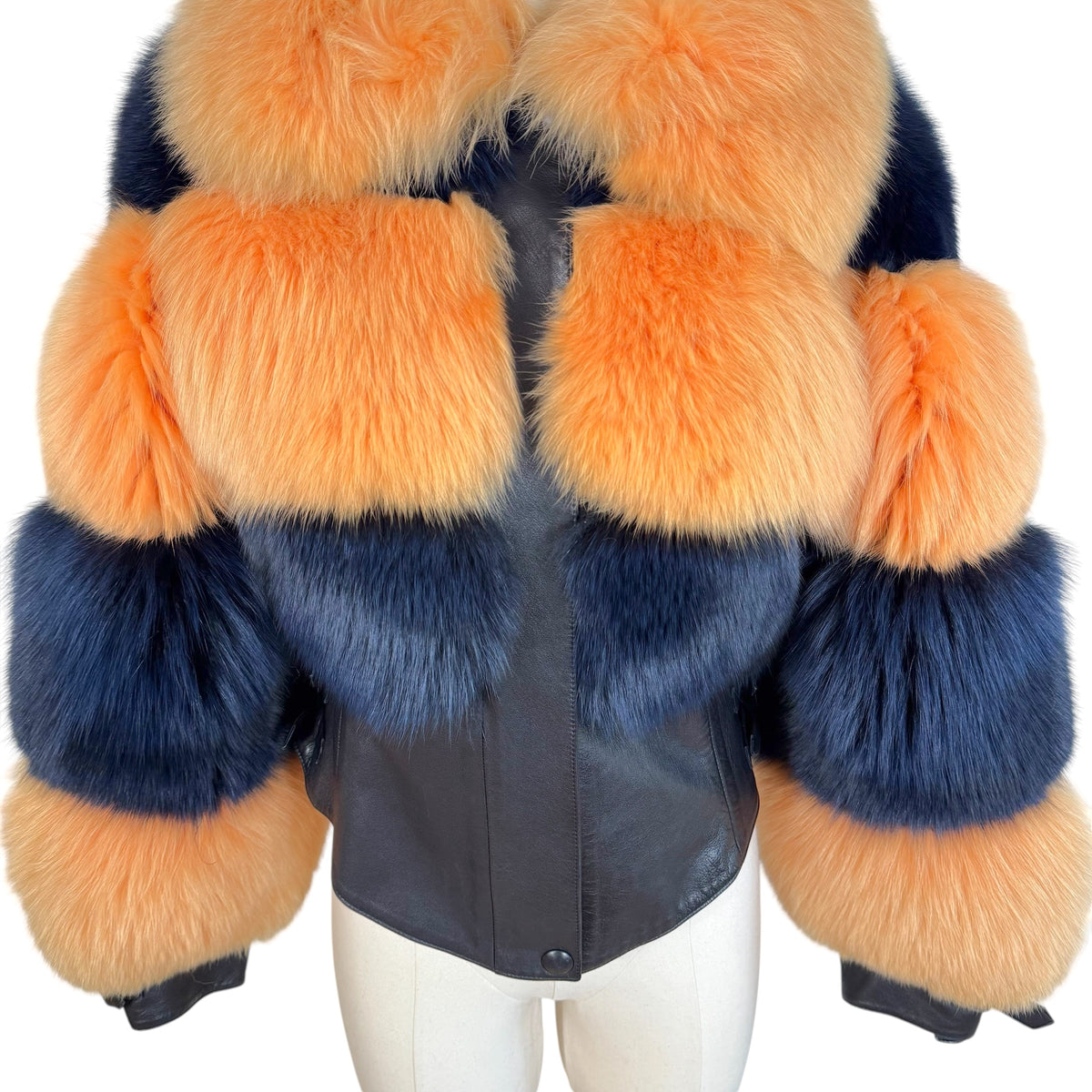 Alexandre Paris Cropped Coat Orange Blue Striped Fox Fur