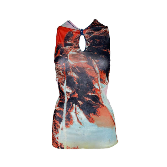 Jean Paul Gaultier 1998 Soleil Palm Tree Print Hooded Mesh Tank