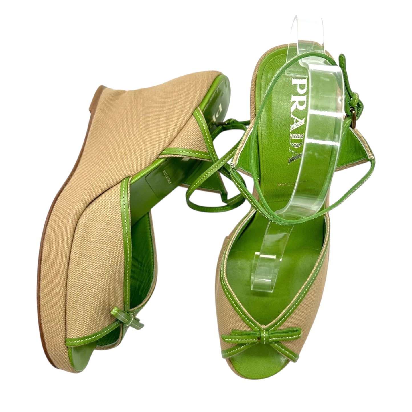 Prada 90's Green & Tan Bow Wedge Sandals