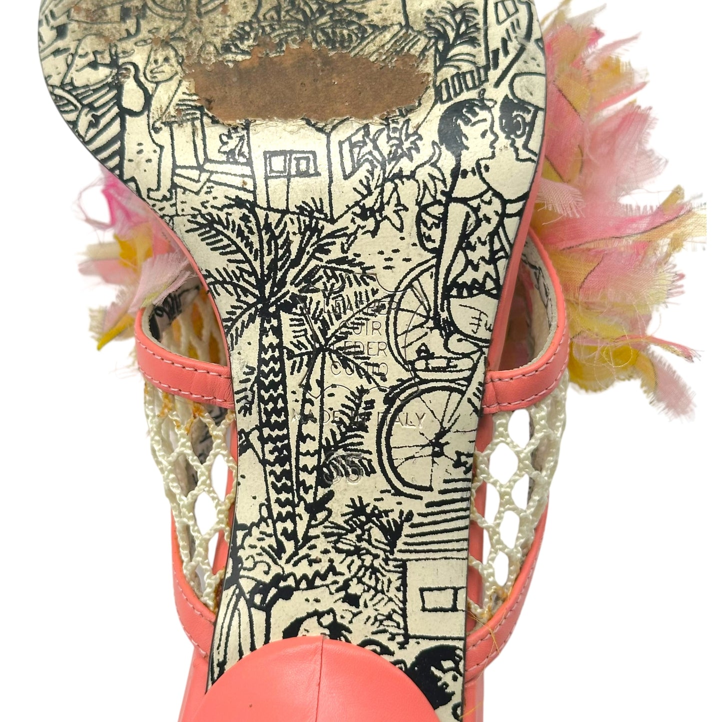 Emilio Pucci Light Pink & Yellow Silk Fringe Trim Heeled Flip Flops