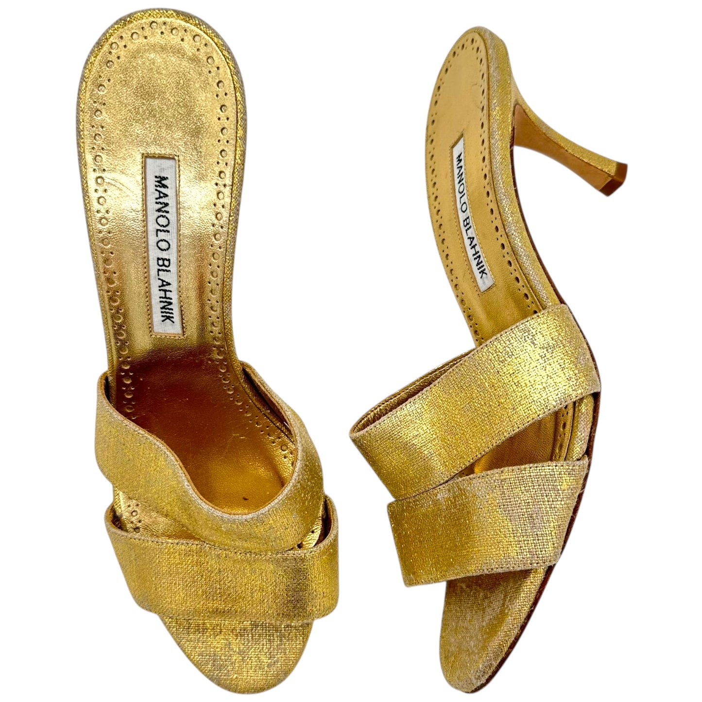 Manolo Blahnik Gold Linen Mule Heels